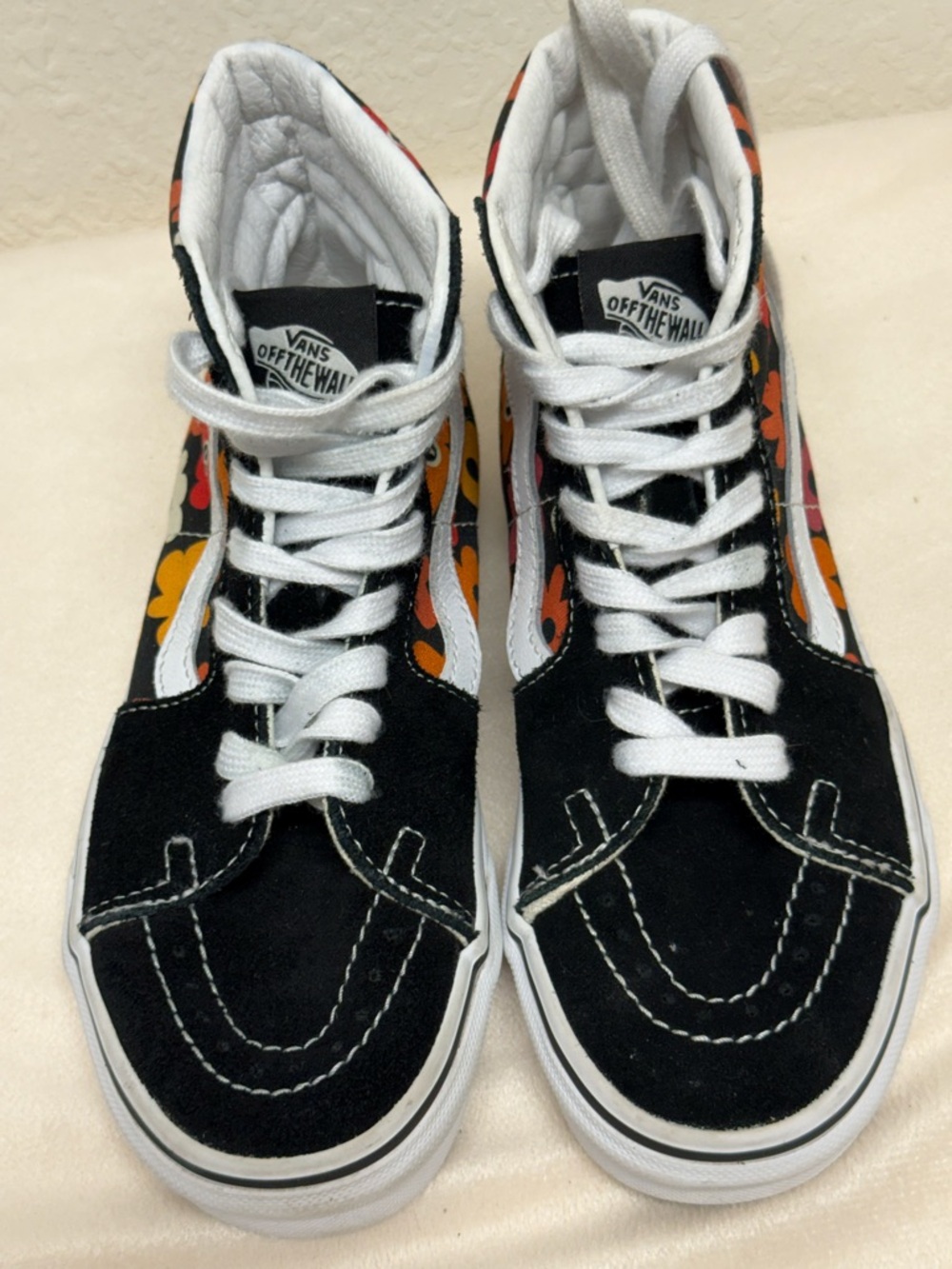 Vans Kids High-Top Floral Skate Shoes in Black, Orange, Yellow